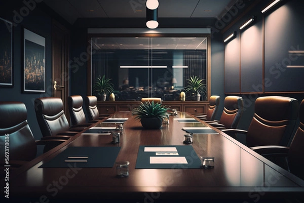Obraz Luxurious and modern conference board room with chairs and table. Generative AI