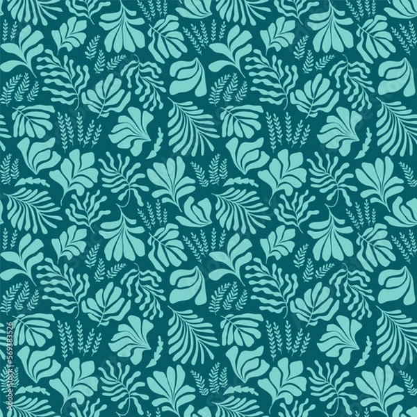 Fototapeta Abstract background with leaves and flowers in Matisse style. Seamless pattern with Scandinavian cut out elements.
