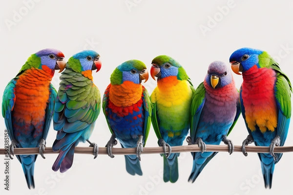 Fototapeta A row of bright, colourful lorikeet parrots perched on a wire, isolated against a white background.  Generative AI.