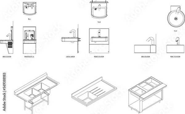 Fototapeta Vector sketch illustration of a sink from various sides
