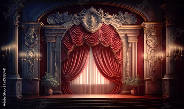 Fototapeta A magical theater stage, draped in regal red curtains, and illuminated by a brilliant spotlight, setting the scene for a captivating performance