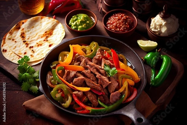 Fototapeta Beef Fajitas with colorful bell peppers in pan and tortilla bread and sauces