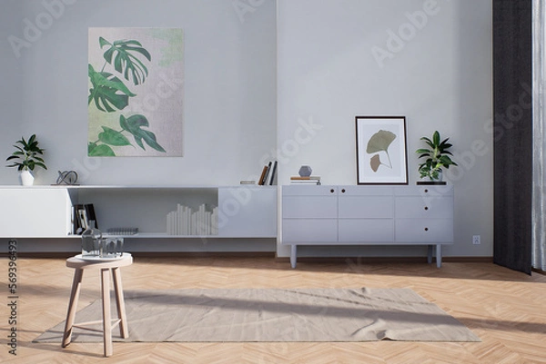 Obraz wnętrze salonu, nowoczesny prosty styl, dynamiczne światło wpadające z okna,  modelowanie 3d, render 3d,