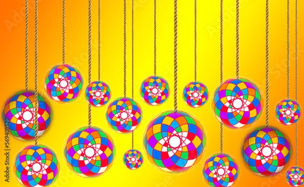 Fototapeta Colorful Christmas Balls Hanging on Strings on Yellow Background. Vector Illustration.