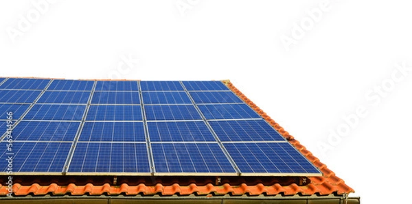 Fototapeta Solar energy panel on the roof of the house isolated on transparent background, PNG.	