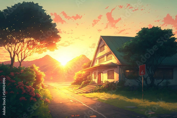 Fototapeta Journey at Wild Nature. Clear Sunset Sundown, Sky with Movie Atmosphere, Beautiful Colorful Landscape, Anime Comic Style Art. For Poster, Novel, UI, WEB, Game, Design