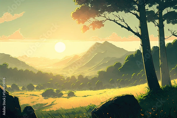 Fototapeta Journey at Wild Nature. Clear Sunset Sundown, Sky with Movie Atmosphere, Beautiful Colorful Landscape, Anime Comic Style Art. For Poster, Novel, UI, WEB, Game, Design