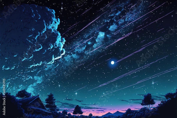 Fototapeta Journey at Wild Nature. Clear Starry night, Sky with Movie Atmosphere and Wonderful Cloud, Beautiful Colorful Landscape, Anime Comic Style Art. For Poster, Novel, UI, WEB, Game, Design