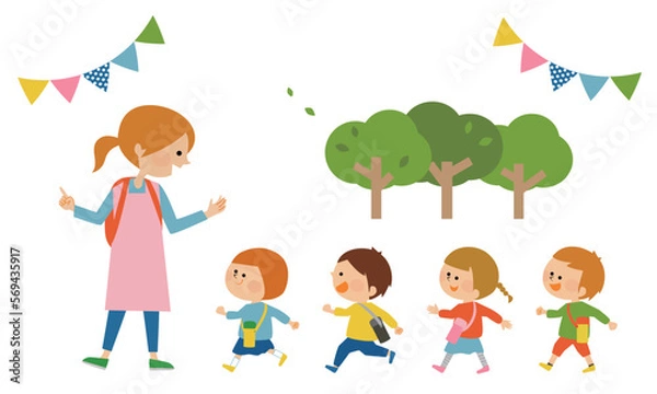 Fototapeta 遠足に行く先生と子供たちのイラスト素材