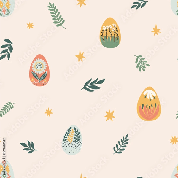 Fototapeta Easter seamless pattern with Easter eggs and flowers, branches. .Hand drawn vector Illustration for banners, wallpapers, fabrics, wrapping, textiles, prints, invitations.
