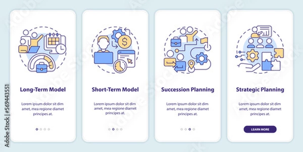Fototapeta IT staffing models onboarding mobile app screen. Hiring walkthrough 4 steps editable graphic instructions with linear concepts. UI, UX, GUI template. Myriad Pro-Bold, Regular fonts used