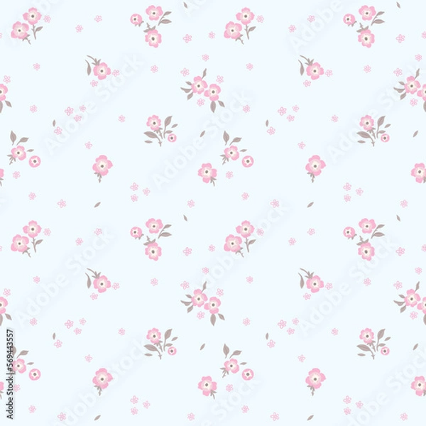 Fototapeta A pattern of small pink flowers on a light turquoise background. Graphic print, floral illustrations, floral vector, vector floral pattern.