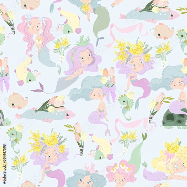 Fototapeta Seamless Pattern with Cute Mermaids and Spring Flowers