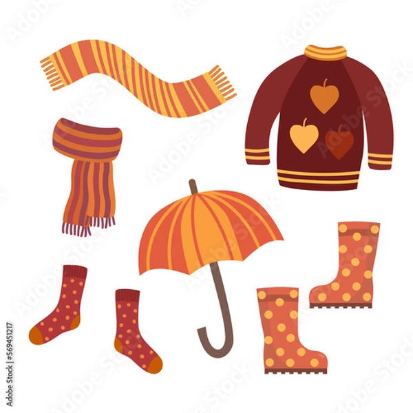 Obraz Warm autumn clothes and accessories. Cartoon flat vector illustration.