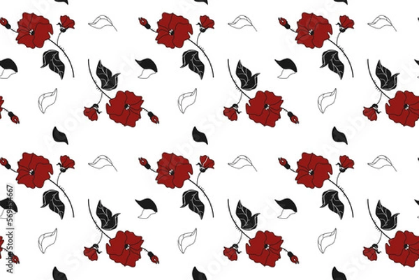 Fototapeta Seamless vector pattern wild rose chip passion red color, black contour white background