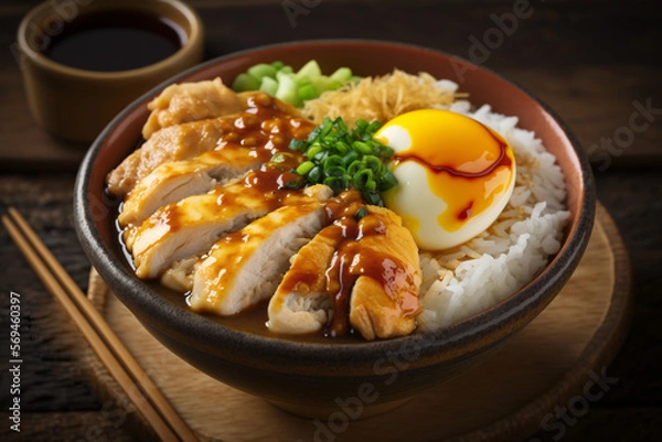 Fototapeta Rice Bowl with Chicken Teriyaki And Boiled Egg Created With Generative AI Technology