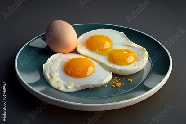 Fototapeta Close Up of Fried Egg on a Navy Plate Created With Generative AI