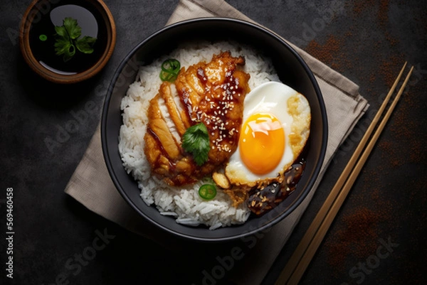 Fototapeta White Rice With Chicken Teriyaki And Fried Egg In A Black Bowl on The Table Created With Generative AI Technology