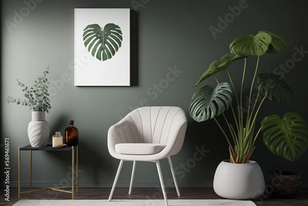 Fototapeta modern interior design with armchair and monstera plant created with generative ai