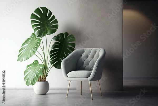 Fototapeta Simple Neutral Color Armchair with Plant In A Modern Interior Room Created With Generative AI Technology