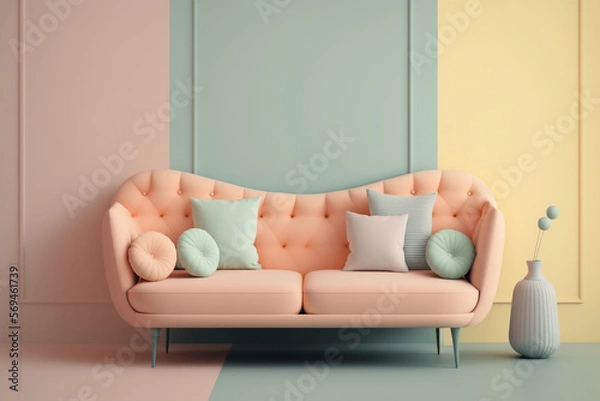 Fototapeta Sofa in A Pastel Colored Room 3D Rendered Created With Generative AI