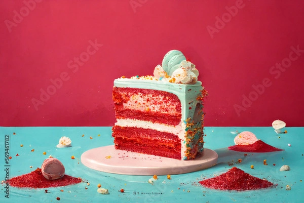 Fototapeta Sliced Red Velvet Cake With Rainbow Sparkles Topping and Flat Background Created With Generative AI