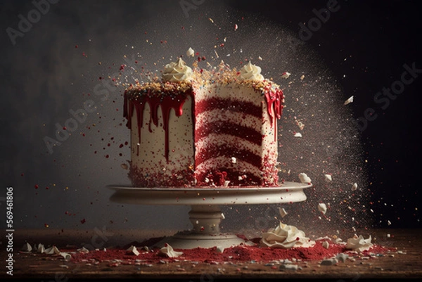 Fototapeta Sliced Red Velvet Cake on a Display Table Created With Generative AI