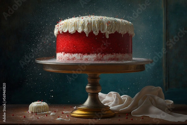 Fototapeta Red Velvet Strawberry Cake On Display Table Created With Generative AI