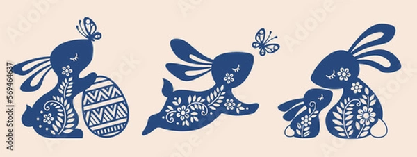 Fototapeta Set of ornate easter bunny's. Vector illustration hare, bunny, rabbit and butterfly. Silhouette of cute bunny with Easter egg, butterfly for laser cut or card