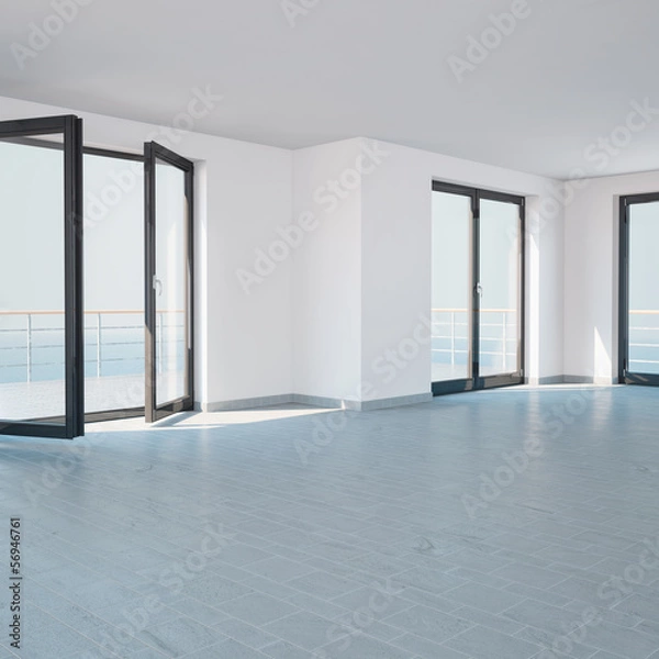 Fototapeta Bright empty room with large windows and a balcony