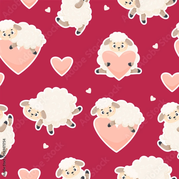 Fototapeta Romantic seamless pattern. Cute enamored sheeps on magenta background with hearts. Vector illustration. Endless background for valentines, wallpapers, packaging, print, childrens collection