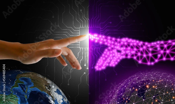 Fototapeta Digital twins concept. A finger touches and connects with digital finger to activate both the physical and digital worlds with a single push. Business and technology simulation modeling
