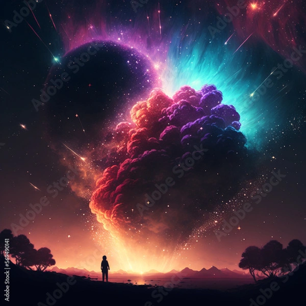 Fototapeta sunrise in the mountains, universe and firework background, night light in the sky, imagination will take you everywhere by Generative AI.