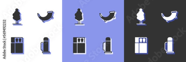 Fototapeta Set Thermos container, Tree, Open matchbox and matches and Hunting horn icon. Vector