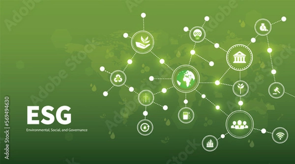 Obraz Sustainable business or green business vector illustration background with connection icon concept related to environmentally friendly environmental icon set. Web and Social Header Banners for ESG.