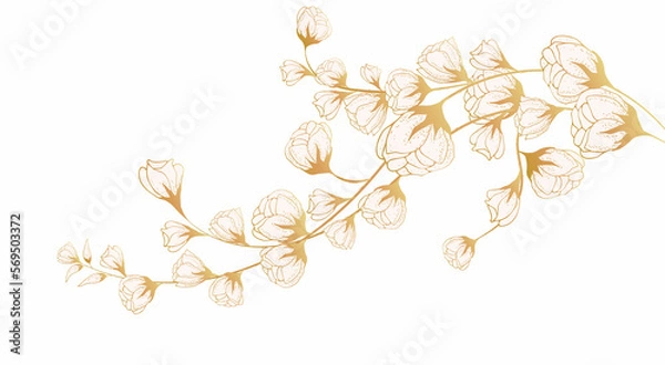 Fototapeta Golden floral art background with space for text. Luxury wallpaper on the side with white flowers, leaves and branches on the side. Hand drawing. Elegant botanical design for banner, invitation, packa