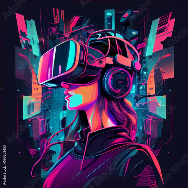 Obraz Concept of virtual reality technology, graphic of a teenage gamer wearing VR head-mounted playing game. Generative Ai.