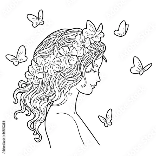 Obraz Hand-drawn illustration of woman profile with flowers and butterflies. Black and white images on white background.