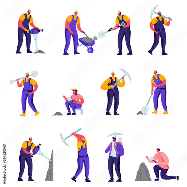 Obraz Set of Flat Archeologists and Road Repair Workers Characters. Cartoon Paleontology Scientists with Shovels and Pickaxe Working on Excavations or Digging Soil. Illustration.