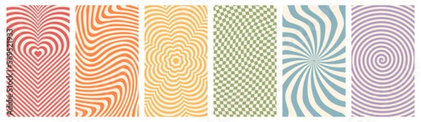 Fototapeta Abstract groovy backgrounds set. Retro design with distorted squares, waves, spirals. Vector swirl patterns for wallpapers, posters or covers.