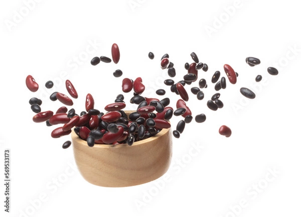 Fototapeta Mix black red beans fall down explosion, several kind bean float explode in wooden bowl. Dried red black mixed beans splash throwing in Air. White background Isolated high speed shutter, freeze motion