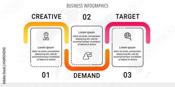 Fototapeta Modern vector infographics with three rectangles. Business template with graphic 3 steps for diagram, web, banner, presentations, flowchart, content, levels, chart, graphic, timeline