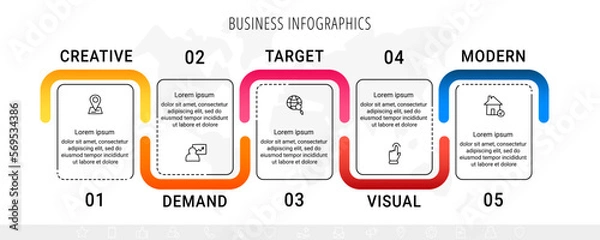 Fototapeta Modern vector infographics with five rectangles. Business template with graphic 5 steps for diagram, web, banner, presentations, flowchart, content, levels, chart, graphic, timeline