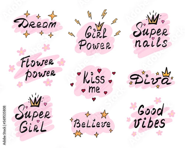 Obraz Motivational slogans, quotes, stickers. Vector Illustration for printing, backgrounds, covers and packaging. Image can be used for greeting cards, posters and textile. Isolated on white background.