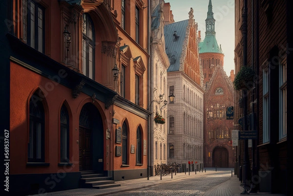 Obraz European street in town, city. Generative AI image.