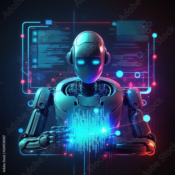 Obraz Robot hominoid using tablet computer for engineering science studying using AI thinking brain , artificial intelligence , generative ai