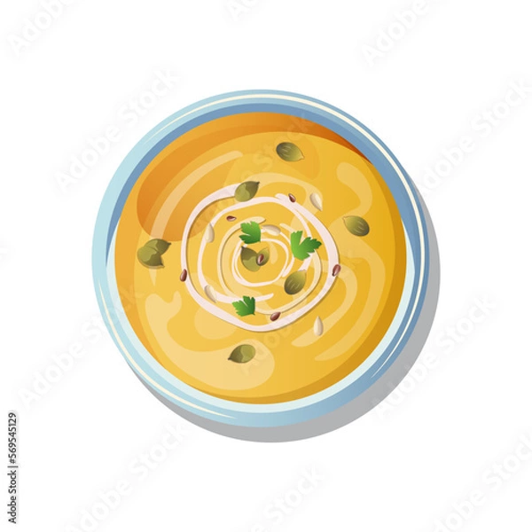 Fototapeta Asian food. Food vector illustration. Pumpkin cream soup. Diet food. Pumpkin dishes for vegans. Soup menu.