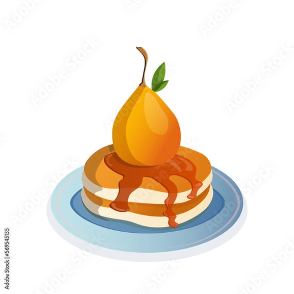 Fototapeta American pancakes. Pancakes with maple syrup and pear. Food vector. Traditional dessert. Baking vector. Pear dessert. Food icon.