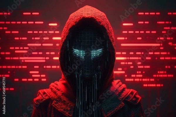 Obraz The menace of the AI. A human like android AI in a challenging pose, surrender by red neon. Generative ai