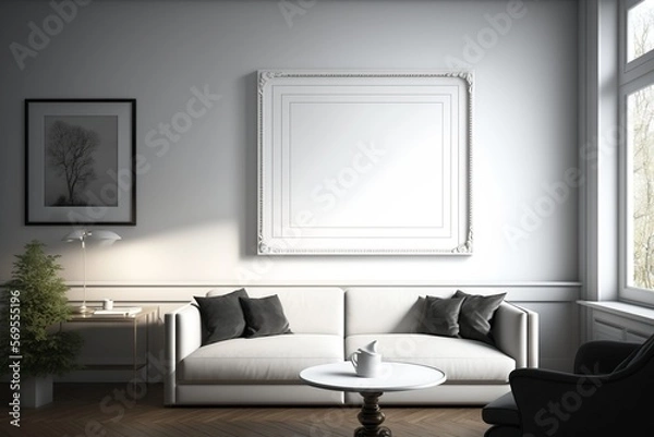 Fototapeta living room all in white decor, warm and comfortable with a blank frame on the wall. fashion furniture, beautiful decor in white. ai generative content